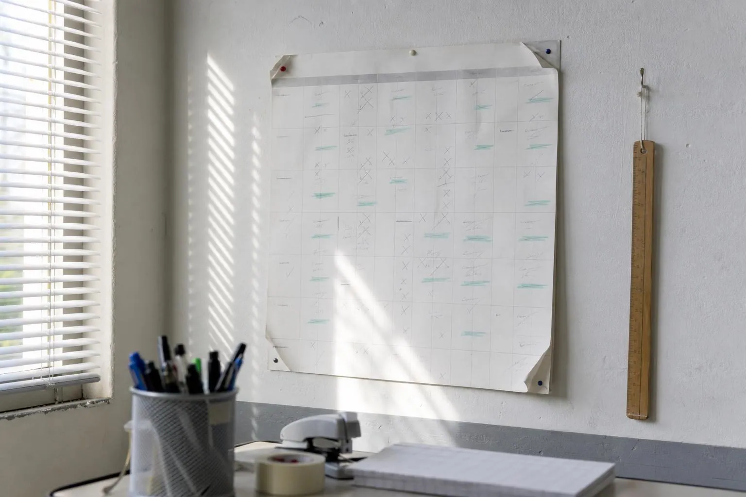 Calendrier mural papier annote au crayon, punaise a cote d un pot a crayons et d une agrafeuse dans un local de regulation.