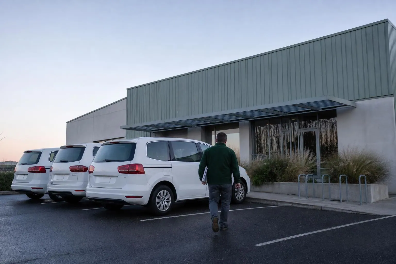 Trois monospaces blancs alignes sur le parking d un centre de soins au petit matin, un conducteur marchant vers le premier vehicule.