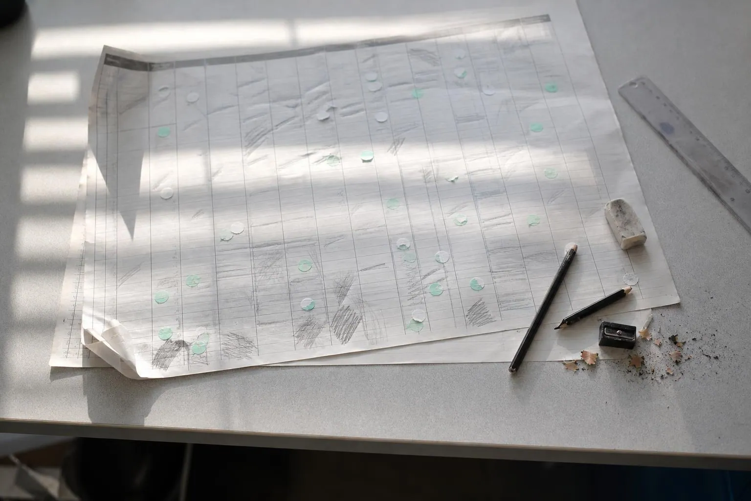 Feuille de planning quadrillee couverte de traits au crayon et de ratures, posee sur une table de local de regulation avec une gomme usee.