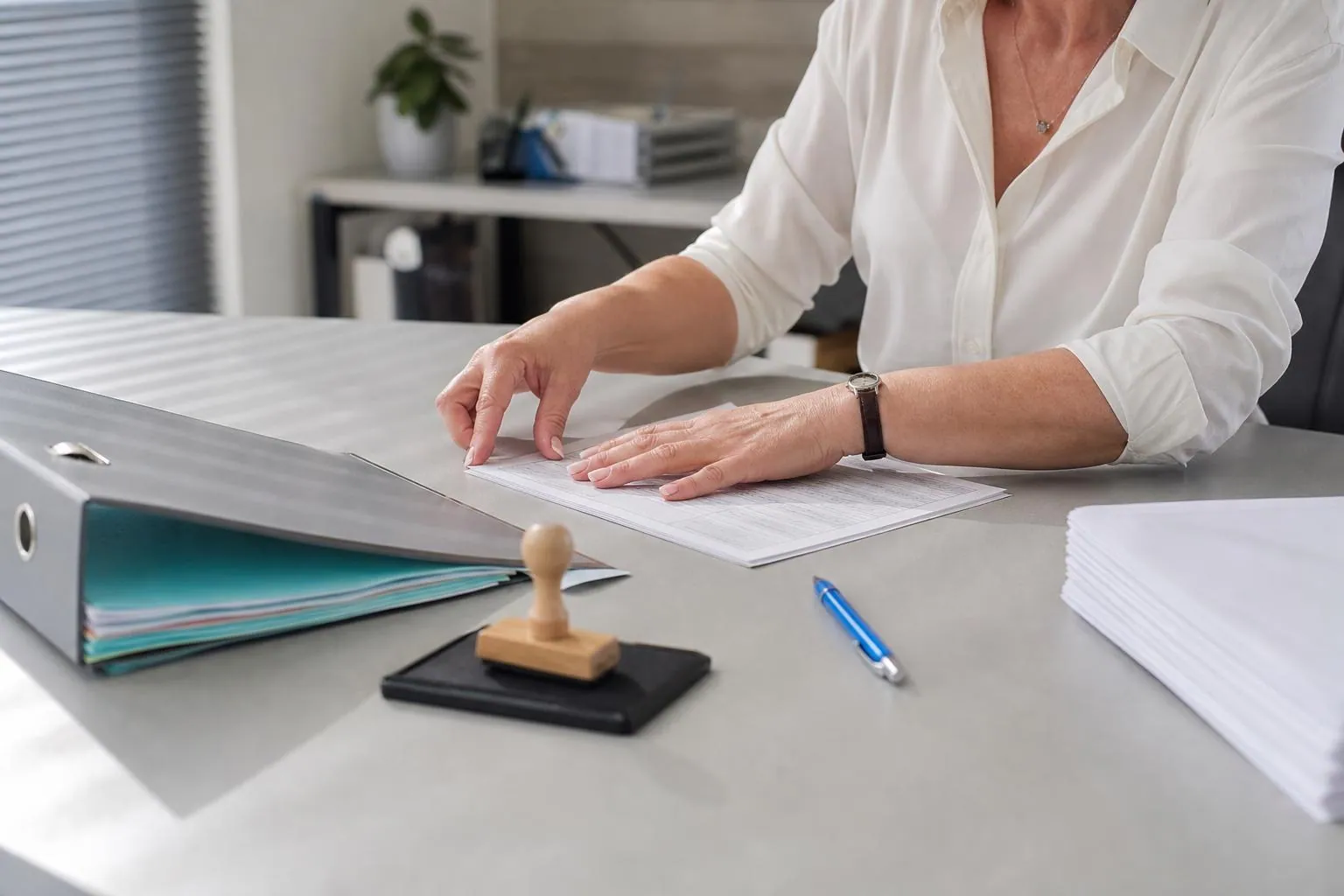 Mains d une secretaire posant un formulaire de transport papier sur un comptoir de bureau a cote d un classeur ouvert et d un tampon encreur.