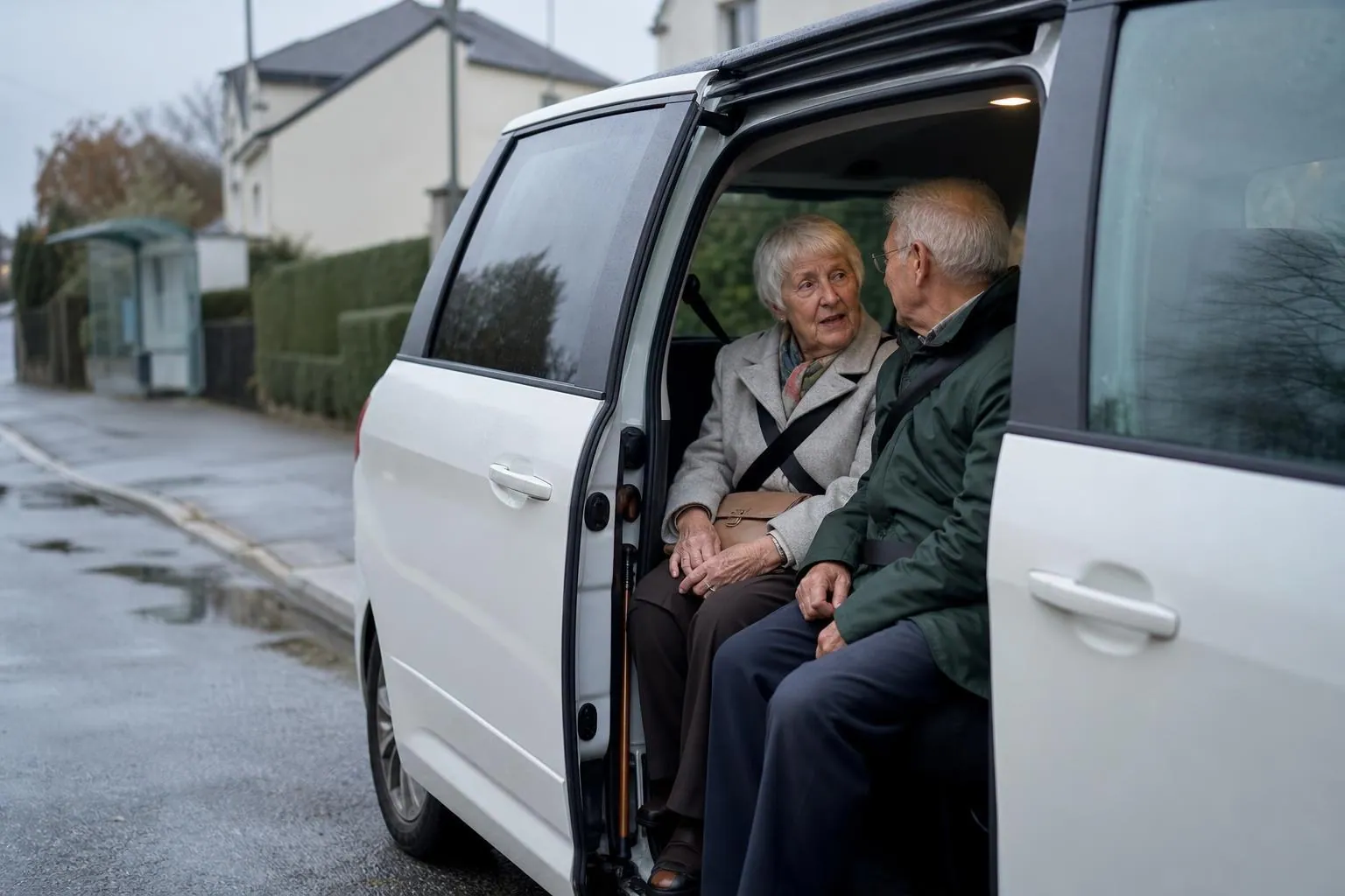 Deux patients ages assis a l arriere d un monospace blanc, portiere coulissante ouverte, sur une route de bord de ville au petit matin.