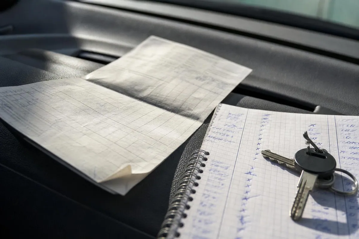 Gros plan sur un formulaire de transport en papier plie en trois, un carnet a spirale annote au stylo bleu et un trousseau de cles poses sur le tableau de bord gris d un vehicule