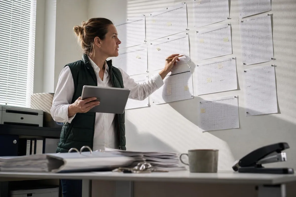 Gerante d une entreprise de taxi conventionne debout devant un mur de feuilles de planning quadrillees annotees au crayon, une tablette a la main dans le local de regulation